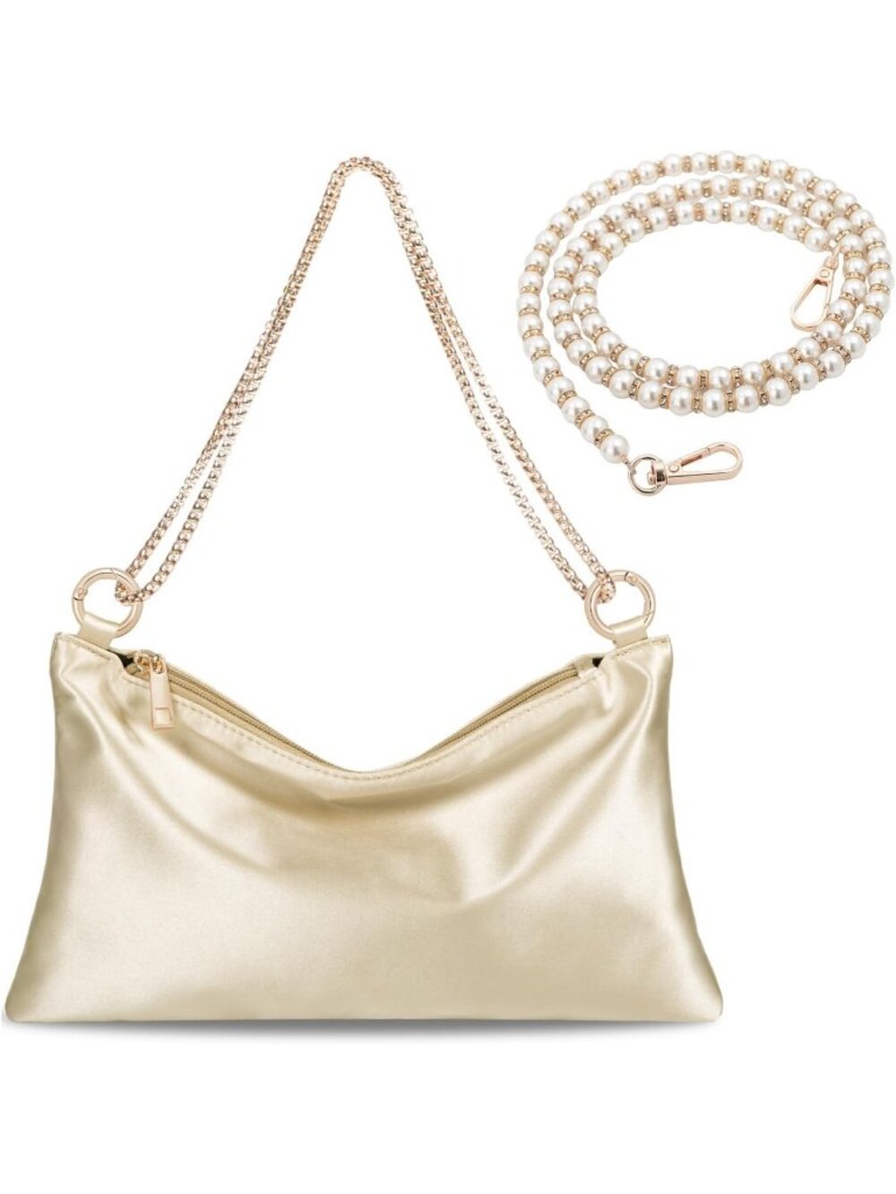 Women’s Champagne Satin Evening Bag Clutch Purse with 2 Chain Cocktail Party